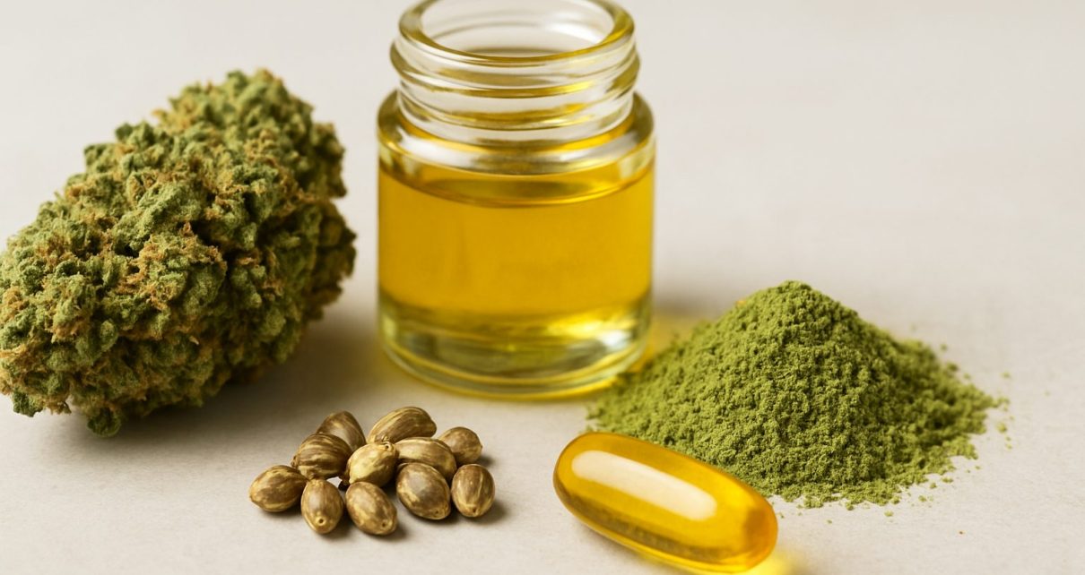 An arrangement of cannabis products, including dried cannabis, oil in a jar, green powder, and seeds.