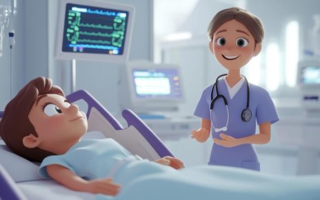 A cartoon-style nurse interacts with a patient in a hospital setting.