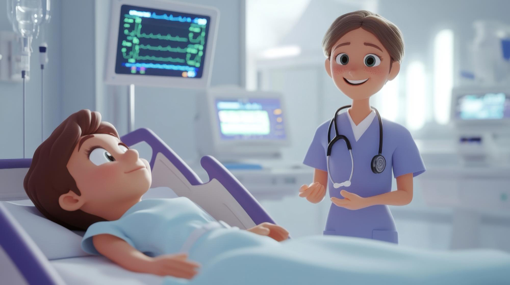 A cartoon-style nurse interacts with a patient in a hospital setting.