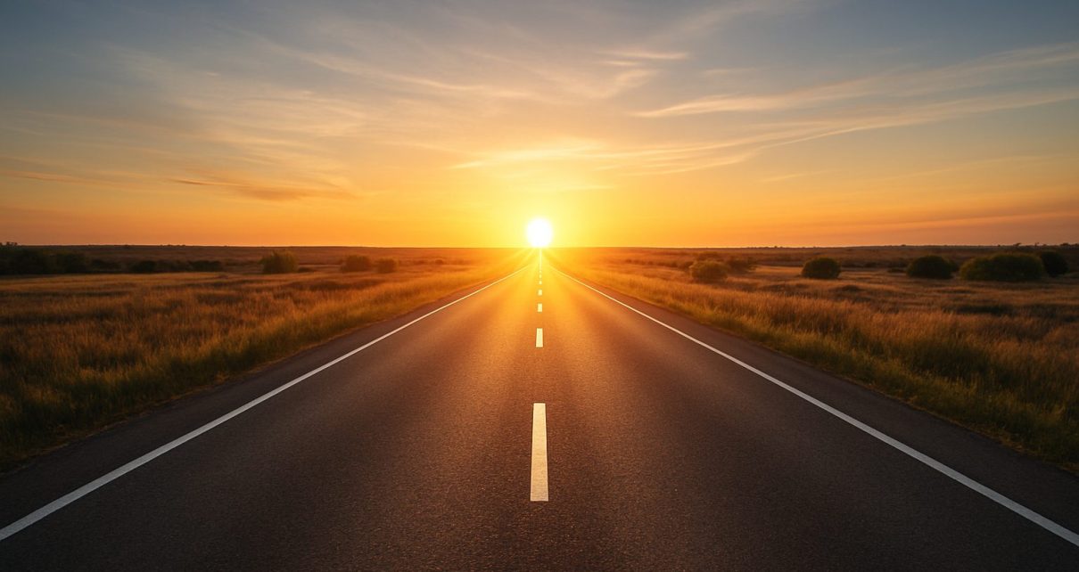 A long, empty road leading toward a sunset in a rural landscape.