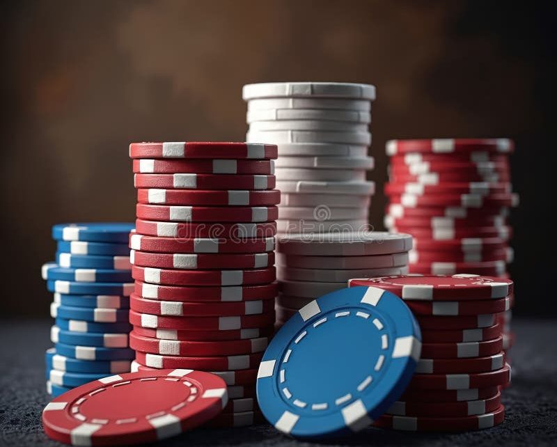 Stacks of colorful poker chips arranged on a dark background