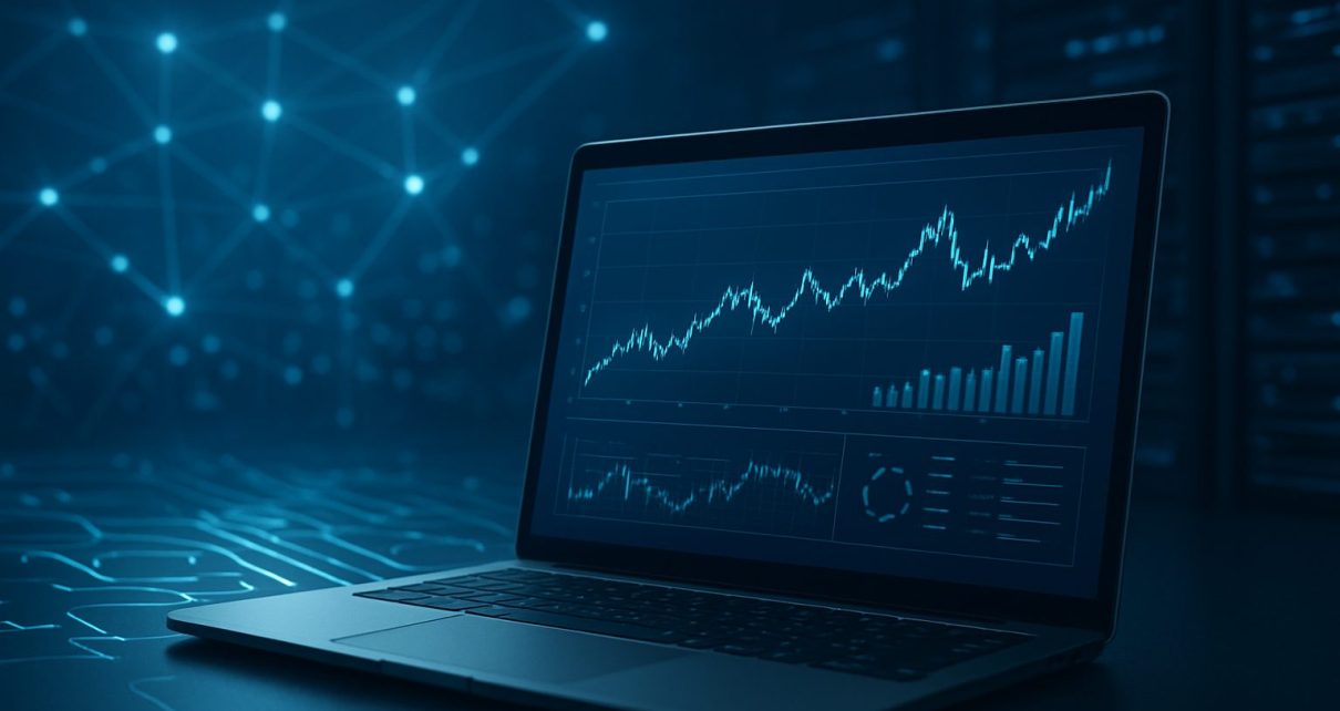 A laptop displaying financial charts and trading data, with a dark background and abstract network design