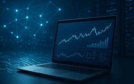 A laptop displaying financial charts and trading data, with a dark background and abstract network design